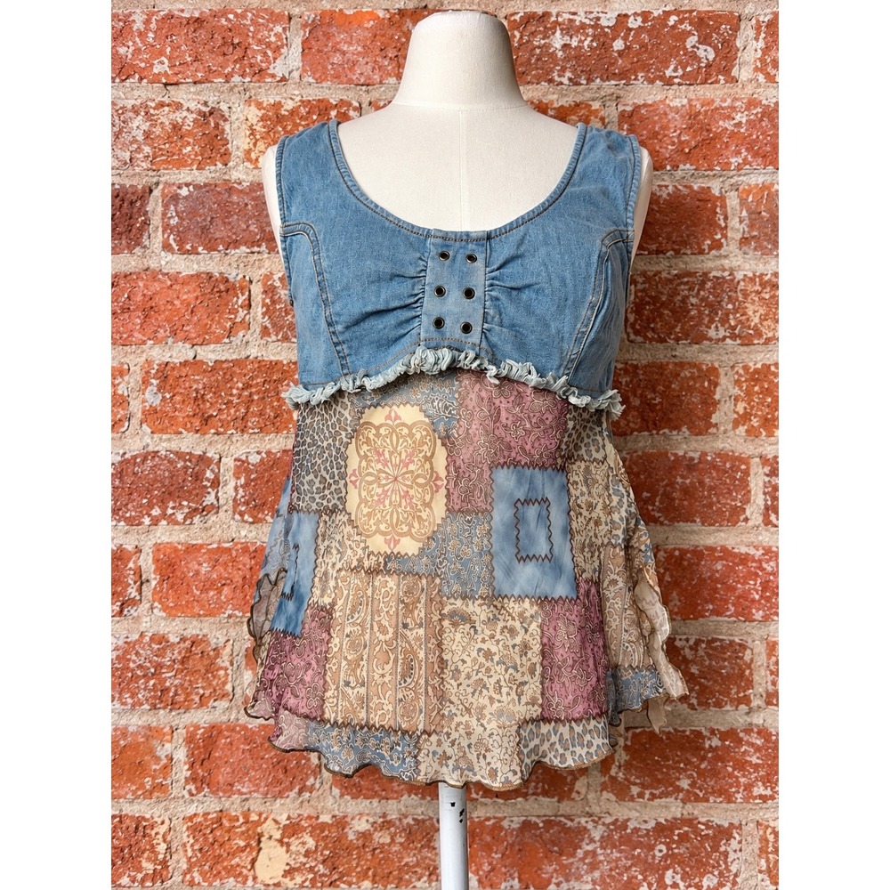 Y2K Denim Patchwork Babydoll Top Boho Mixed Media M 2000s Indie Sleaze Fairy